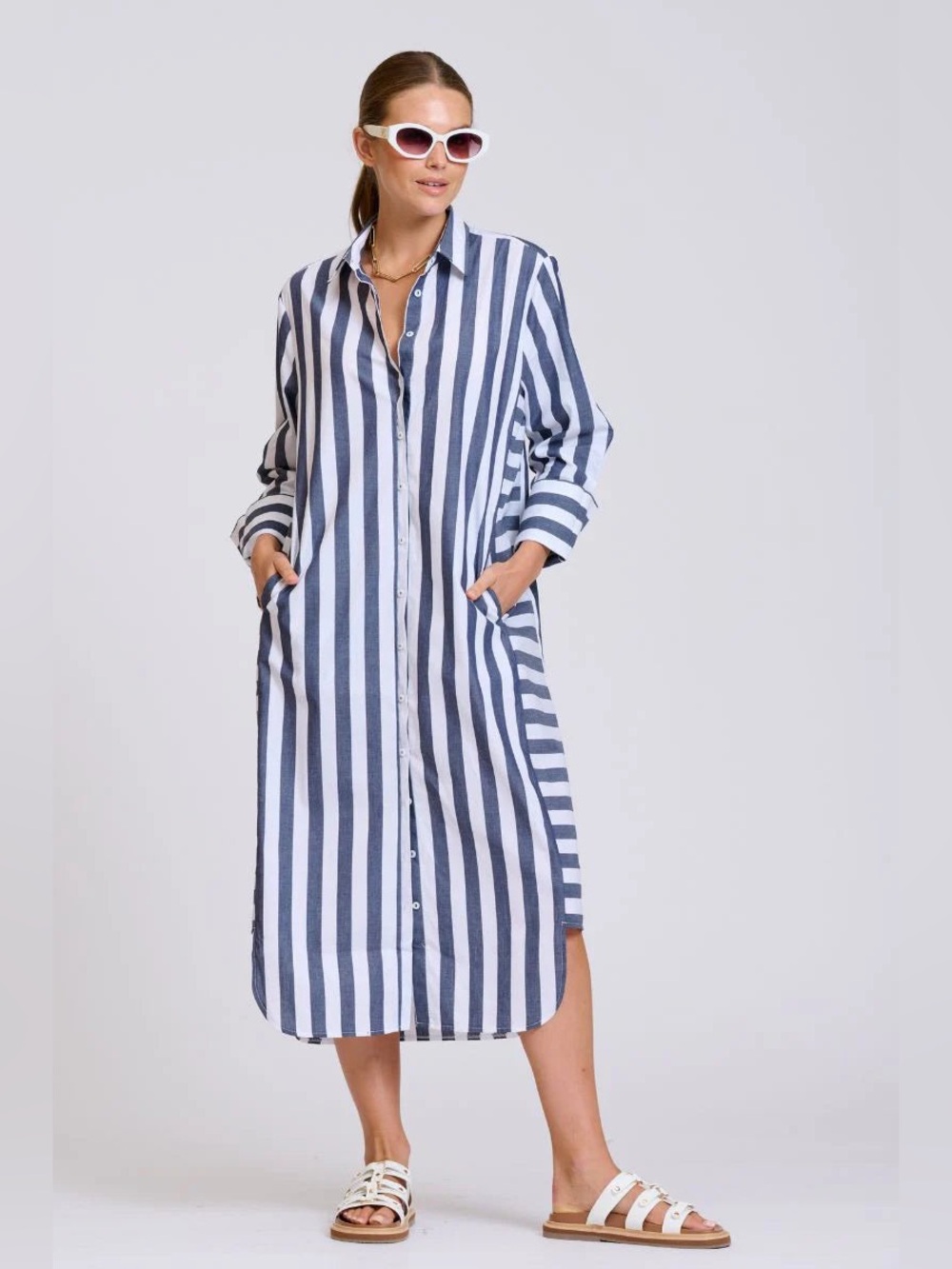 Shirty Luxury Brand Striped Midi Shirt Dress - Black & White - Sz S - NWT